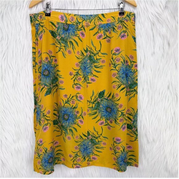 Madewell Yellow Floral 100% Silk Skirt Painted Blooms Side Button Spring Easter - Picture 5 of 14